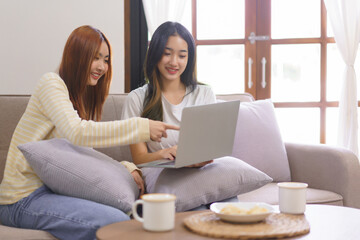 Relax at home concept, Lesbian couple pointing on laptop and typing data while working together