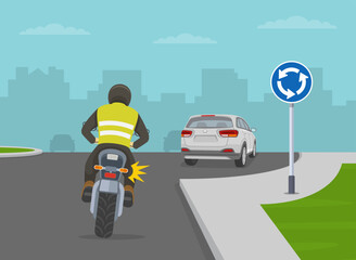 Safe motorcycle riding on the city road. Priority inside the roundabout. Biker turned on blinker while approaching roundabout. Flat vector illustration template. - obrazy, fototapety, plakaty