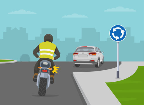 Safe motorcycle riding on the city road. Priority inside the roundabout. Biker turned on blinker while approaching roundabout. Flat vector illustration template.