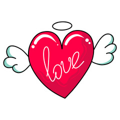Heart with wings and inscription love. Vector illustration of handwritten heart shape with wings. Hand drawn heart with wings and letter Love. Suitable for the decoration of cards, posters, blog.
