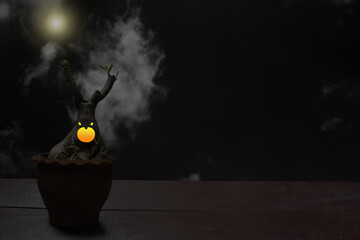 An image of a potted plant monster placed on a wooden table with moon and clouds as a Halloween...