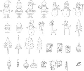 Cute Santa claus christmas element cartoon bundle outline,hand drawn, for christmas ,kids,baby animal characters, card.vector illustration