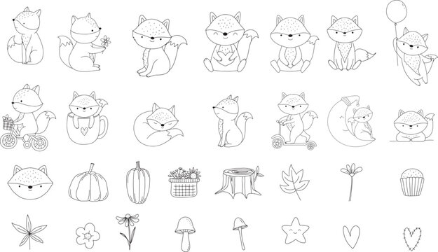 	
Fox cartoon character Big set outline hand drawn style, for printing,card, t shirt,banner,product.vector illustration