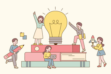 A large book is piled up, and a light bulb is lit on top of the book. The students are climbing the bookshelf. outline simple vector illustration. - 542328806