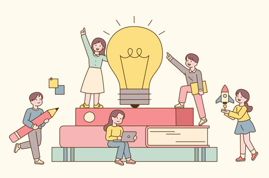 A large book is piled up, and a light bulb is lit on top of the book. The students are climbing the bookshelf. outline simple vector illustration.