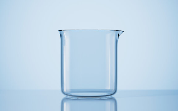 Empty beaker on the desk in the lab, 3d rendering.