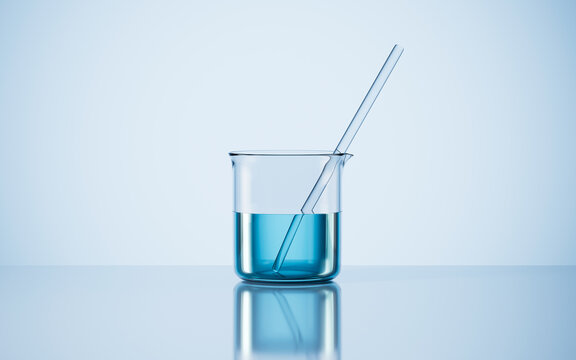 Beaker and glass rod in the lab, 3d rendering.