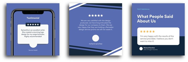 Modern and creative client testimonial social media post design. Customer service feedback review social media post or web banner with color variation - obrazy, fototapety, plakaty