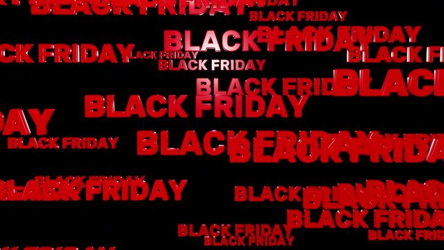Red black friday text fall down isolated on black background for promo, looped 3d render. Concept of discounts, sales, seasonal promotions, shopping 1111.