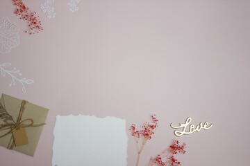 Letter with flowers and Love letter on pink background. 