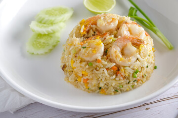 Fried Rice with Shrimps on with dish.