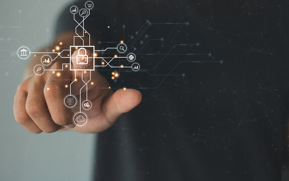 Man touching a padlock and Ai icon on virtual screen. Cyber Security, Protection Data, Online Privacy, Internet technology. Digital transformation technology strategy, IoT, internet of things.