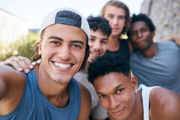Friends, fitness and selfie with men after exercise in a city, happy and relax while bonding in nature. Face, portrait and diversity by man group laughing, having fun and photo after training outdoor