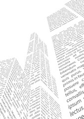 Obraz premium Skyscrapers wall with text. Vector illustration of an urban landscape of skyscrapers with facades made of newspaper pages. Sketch for creativity.