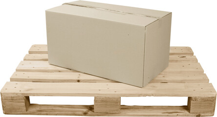 Cardboard Box On Top Of Wooden Shipping Pallet - Isolated - obrazy, fototapety, plakaty