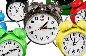 Retro alarm clocks on table  background