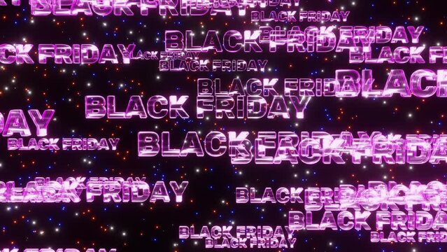 Purple black friday neon text fall down space with twinkling stars for promo, looped 3d render. Concept of discounts, sales, seasonal promotions, shopping 1111.