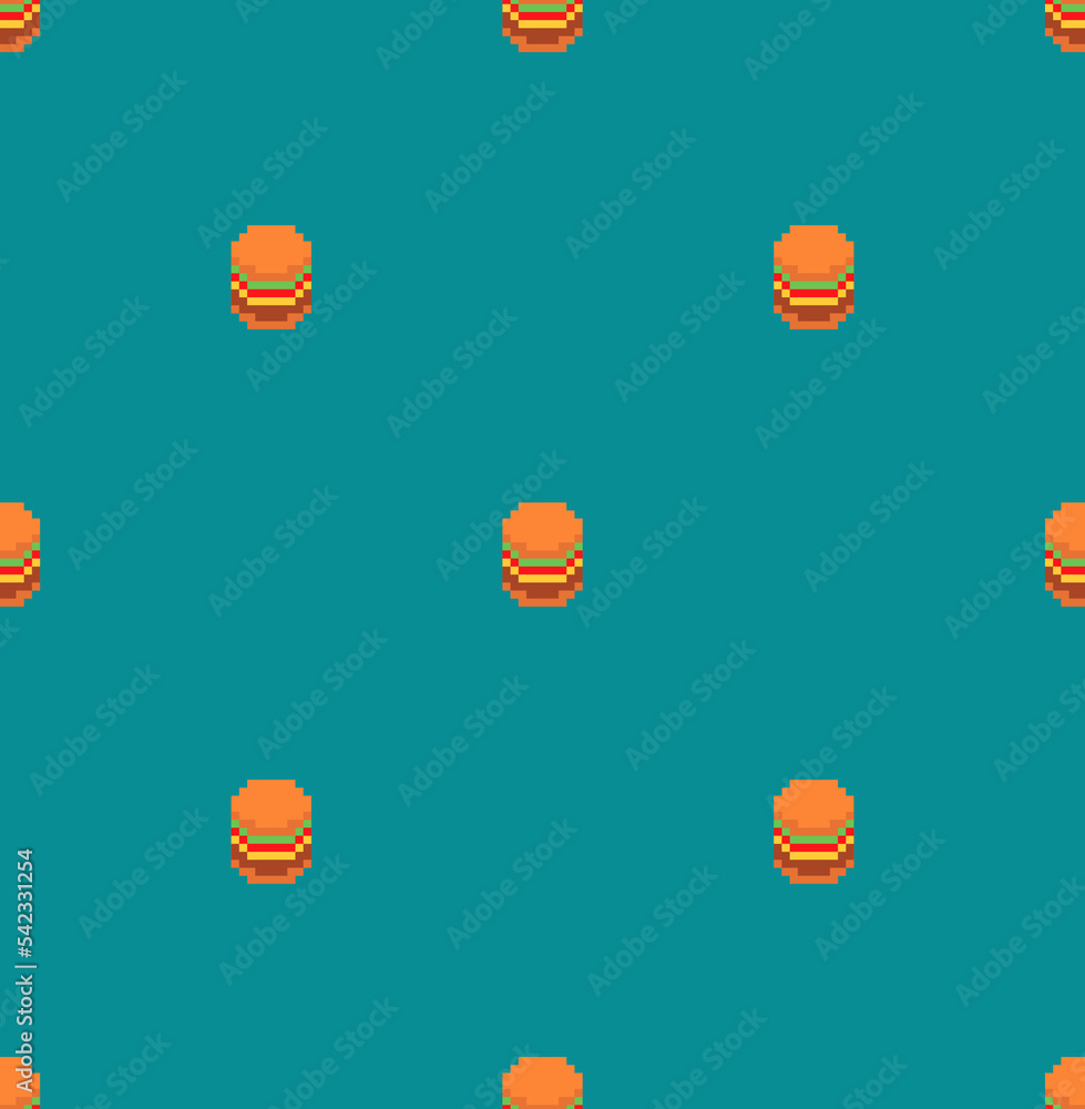 Poster burger pixel art pattern seamless. hamburger 8 bit background. simplified fast food symbol pixelated