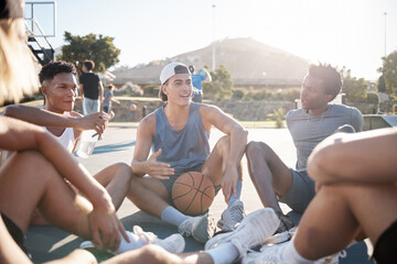 Basketball, team and friends in social conversation for sports, exercise or training in the...