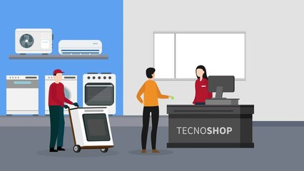 Young man buying a washing machine in the store