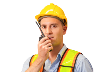 Foreman in hardhat safety vest with Two-Way radio working in logistics center, Warehouse worker man working in factory warehouse industry and using radio talking communication