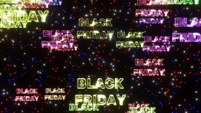 Colorful black friday neon text fall down space with twinkling stars for promo, looped 3d render. Concept of discounts, sales, seasonal promotions, shopping 1111.