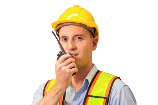 Foreman in hardhat safety vest with Two-Way radio working in logistics center, Warehouse worker man working in factory warehouse industry and using radio talking communication - Powered by Adobe
