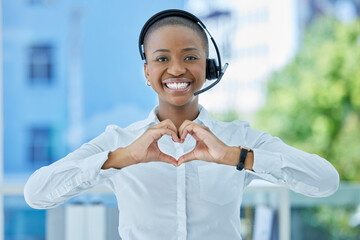 Hands, heart and call center consultant with black woman happy, smile and excited about customer...