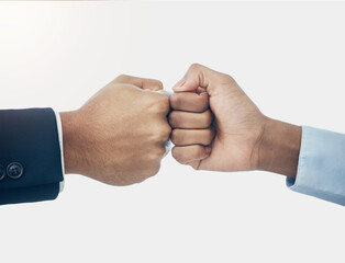 Teamwork, fist bump or corporate partnership for meeting success, support or trust motivation hand...