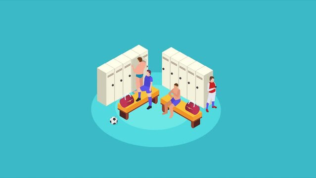 Group of soccer players resting in the locker room