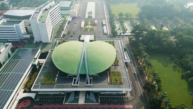 Indonesia Parliament building with misty Jakarta