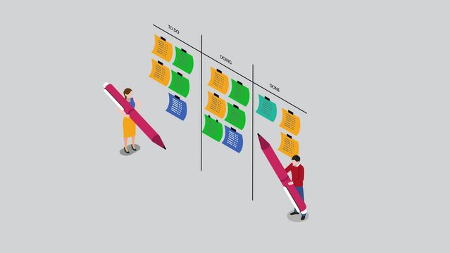 Two business people standing with many notes