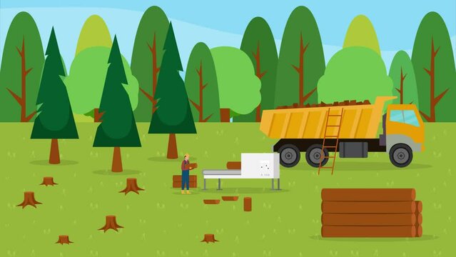 Two lumberers piling wood into a truck in the forest