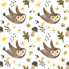Watercolor seamless pattern with owl.