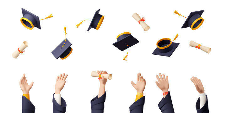 Happy students throw up graduation caps and certificate scrolls in air. People hands, flying black academic hats and rolled diplomas on white background, 3d render illustration