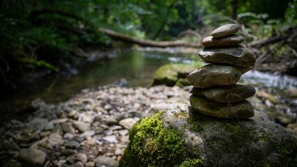 Fototapeta na wymiar Closeup of stacked rocks in background of flowing river