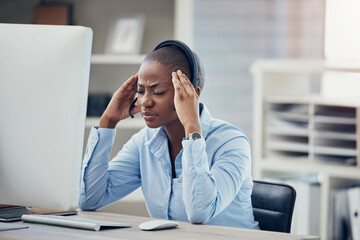 Black woman headache, call center stress and burnout, computer 404 fail glitch and receptionist...