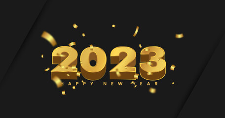 Happy New Year 2023. Gold numbers with ribbon and confetti on black background