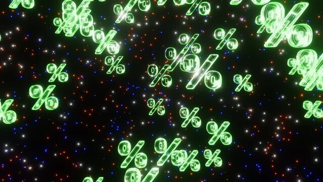 Green neon percents symbols fall down space with twinkling stars, looped 3d render. Concept of discounts, sales, seasonal promotions, black friday, singles day and shopping 1111.