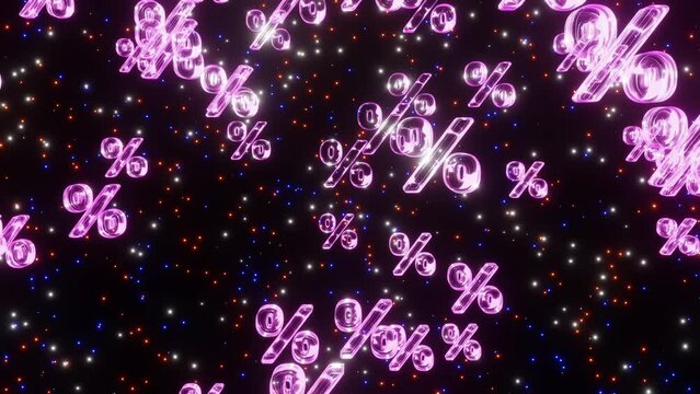 Purple neon percents symbols fall down space with twinkling stars, looped 3d render. Concept of discounts, sales, seasonal promotions, black friday, singles day and shopping 1111.
