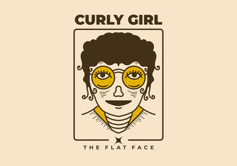Vintage art illustration of a curly girl face wearing big round glasses