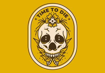 Vintage art illustration of a skull with flower plant around it