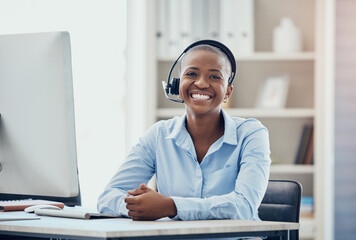 Call center, customer service and black woman consultant in office for consulting, crm and customer support. Portrait, contact us and face of telemarketing manager happy, smile and relax online job - obrazy, fototapety, plakaty