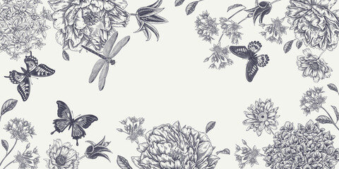 Floral Frame. Peonies, Butterflies and Dragonfly. Wedding Decoration.