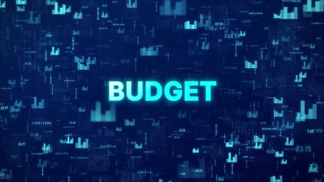 BUDGET text over animated financial background with chart, numbers and matrix codes