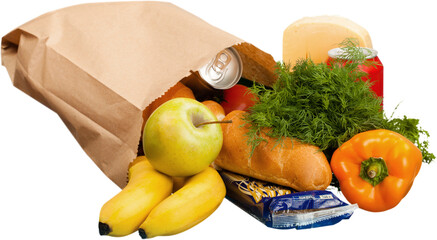 Food in brown grocery bag isolated over white background