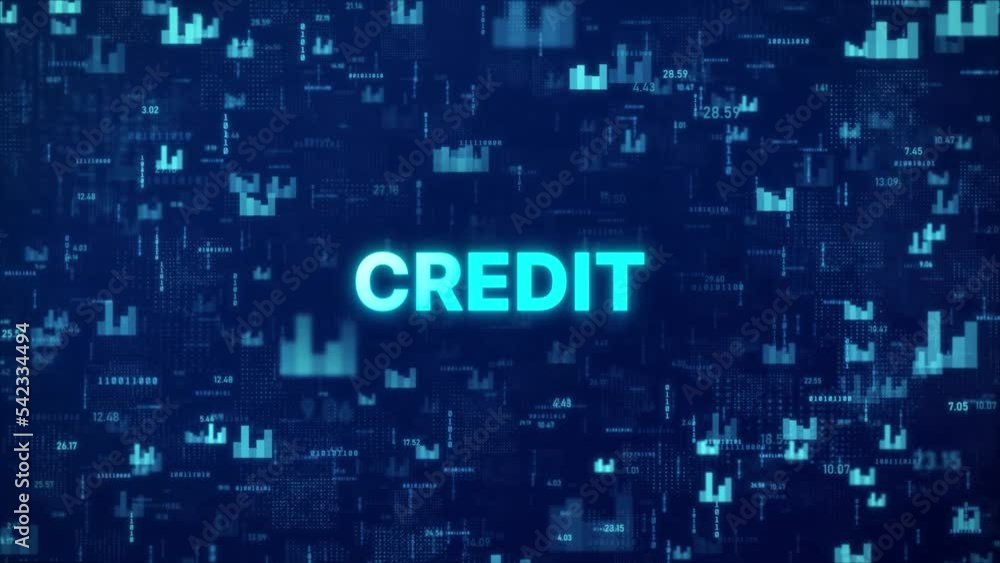 Poster credit concept over animated stock market background with chart, numbers and matrix codes