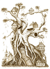Fototapeta na wymiar Tree with houses, stems, branches and leaves. Hand drawn ink pen illustration. Engraving style.