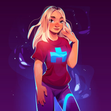 Cartoon beautiful girl with blonde hair wear trendy t-shirt and tight pants on purple background with mystic light and glowing haze. Young attractive woman portrait. game personage Vector illustration