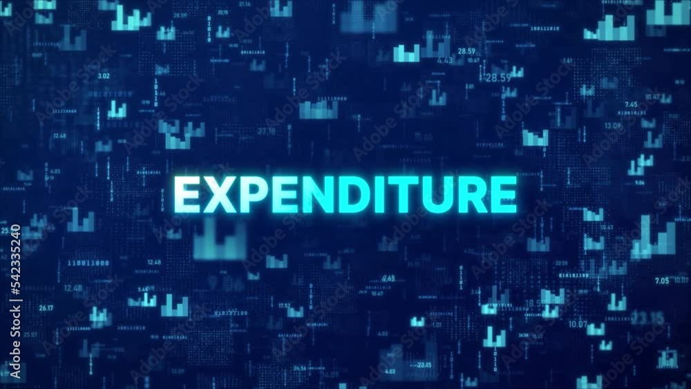 Poster expenditure concept over animated stock market background with chart, numbers and matrix codes